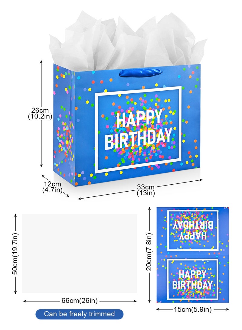 HomarKet 4 Pack Large Happy Birthday Gift Bag with Card and Tissue Papers, Handles Polka Dot Design Like Balloons for Women/Men/Boys/ Girls Birthday Party 33x12x26cm，Blue - Image 2